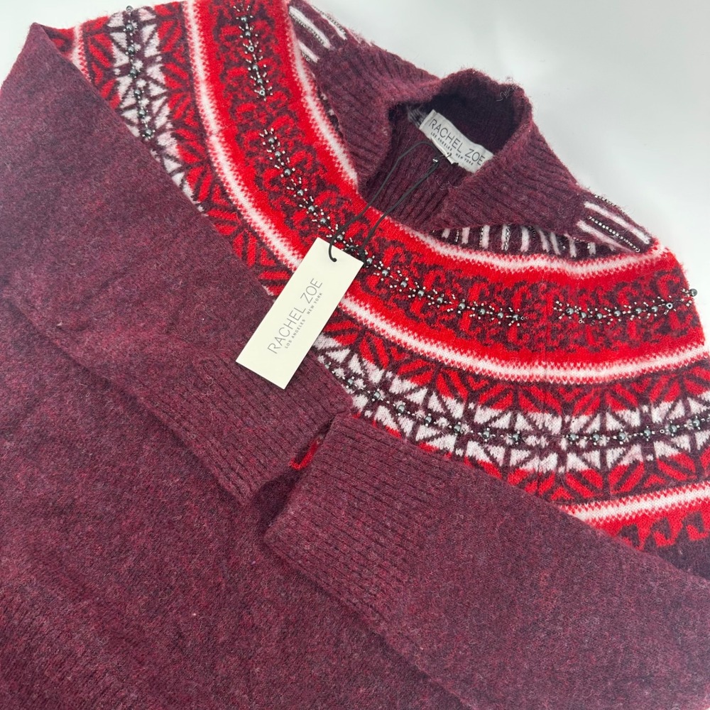 Rachel Zoe Fair Isle Beaded Mock Neck Sweater Burgundy Red Wool Blend Small NWT